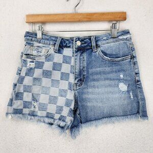 Vervet Shorts Womens Medium Blue Checkered Distressed Denim Jean Cutoff Raw Hem